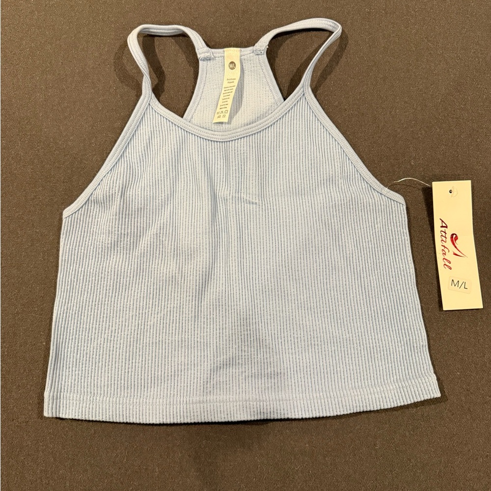 Attifall Seamless Rib-Knit Camisole Strappy Racerback Tank Crop Top Blue Sz M/L